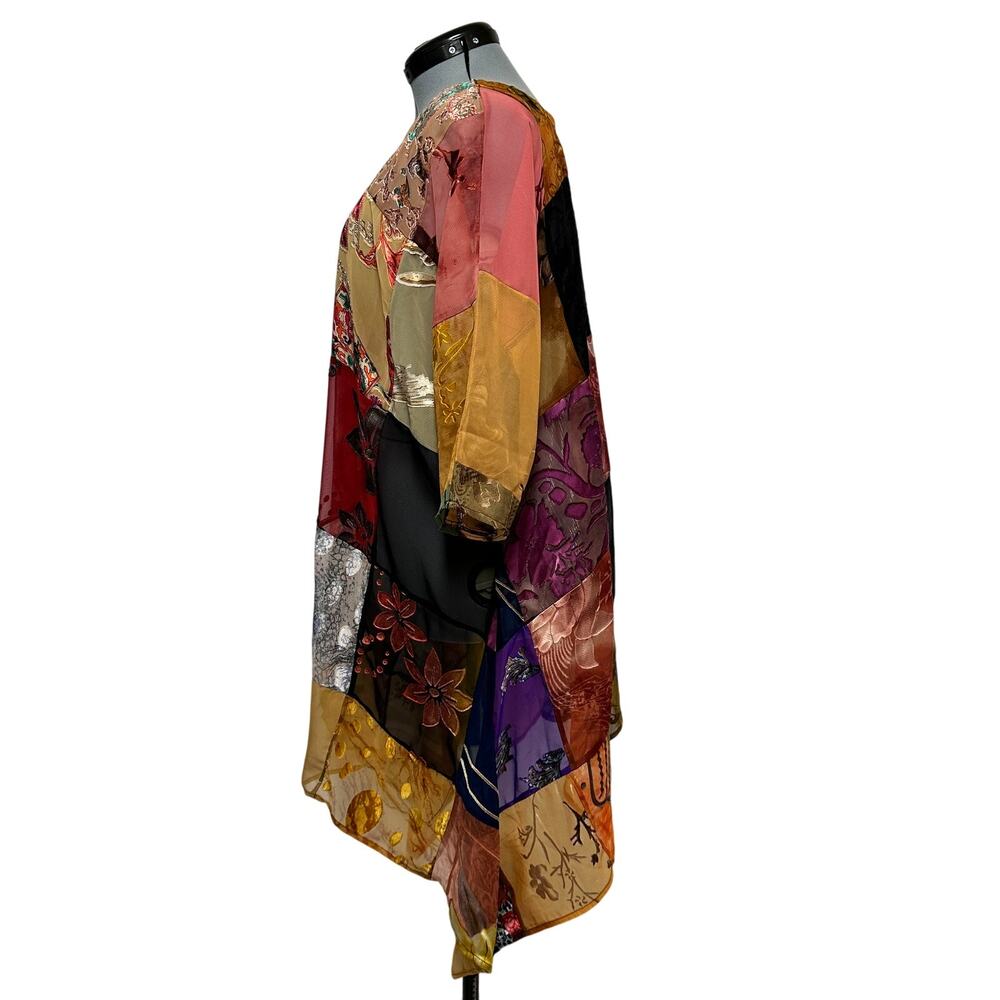 Sterling Styles Art Silk Velvet Burnout Patchwork Tunic Top Boho Art to Wear OS - Picture 2 of 8